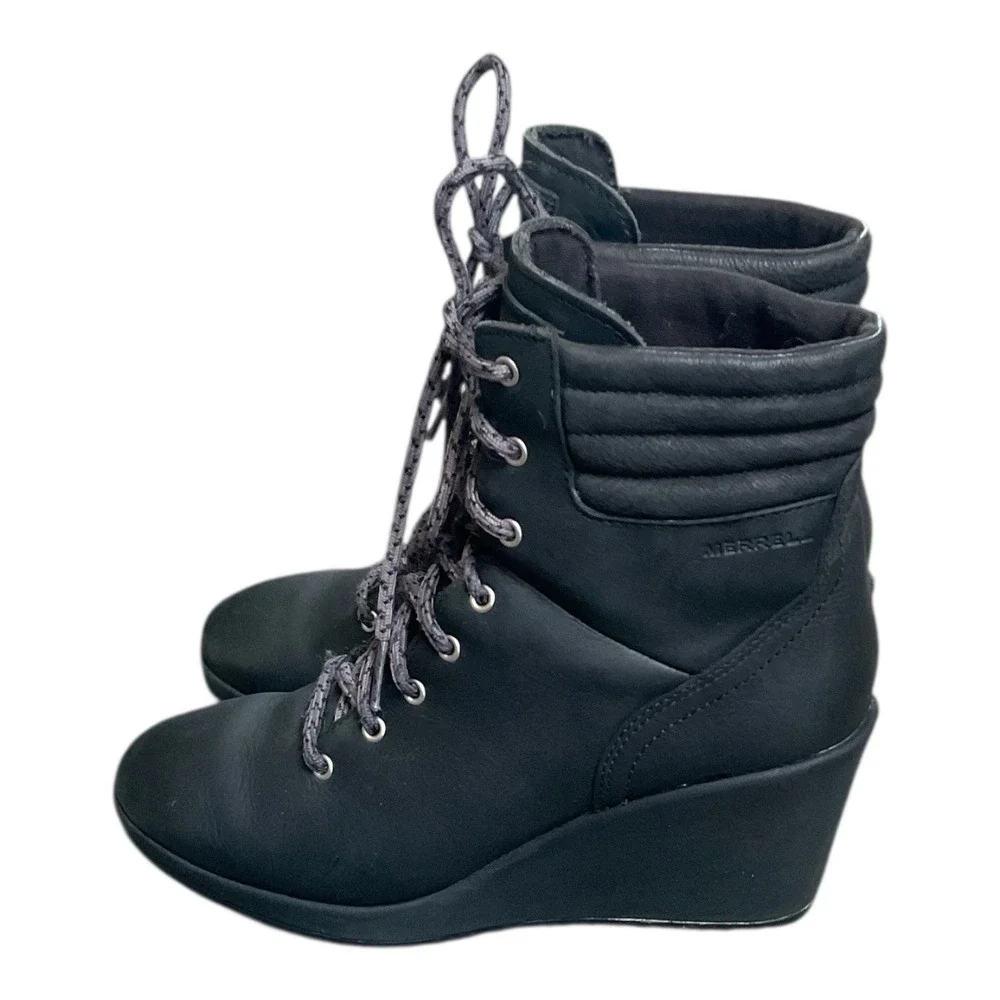 Merrell Women's Tremblant Black Wedge Lace Up Waterproof Bootie boots‎ Size 8